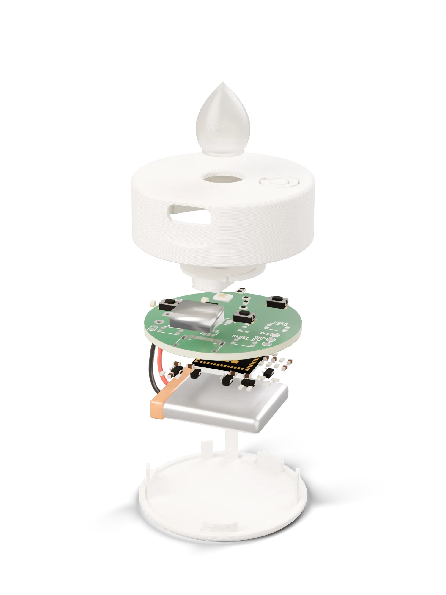 Exploded view of a teelicht pro. From the bottom: the twist-off base, the battery with its two leads, the circuit board with every part lifted off it, the white light channel, the shell and the frosted flame.